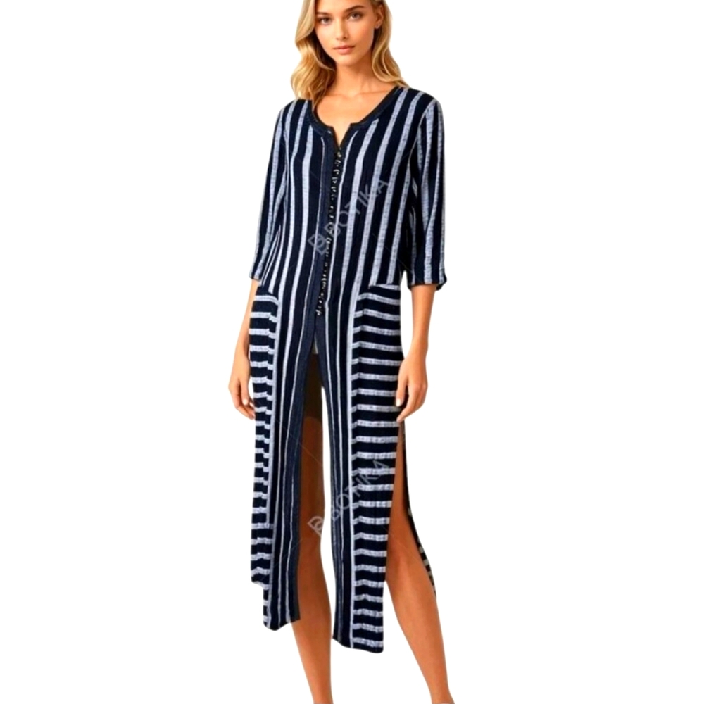 Soft Surroundings 100% Cotton Linen Long Beach Cover Navy Blue Grey Striped